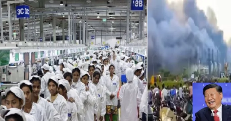 ടാറ്റ ഐ ഫോണ് ഫാക്ടറിയില് രണ്ട് വര്ഷം മുന്പുണ്ടായ തീപ്പിടിത്തം (വലത്ത്) കര്ണ്ണാടകയിലെ ഹൊസൂരിലുള്ള ടാറ്റയുടെ ഐ ഫോണ് ഫാക്ടറി (ഇടത്ത്)