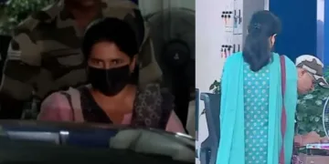 ഇഡി ഓഫീസിലേക്ക് രാവിലെ ചോദ്യം ചെയ്യലിനായി പോകുന്ന നീല ചുരിദാര്‍ ധരിച്ച വീണ വിജയന്‍ (വലത്ത്) വീണ വിജയന്‍ ചോദ്യം ചെയ്യലിന് ശേഷം രാത്രി മടങ്ങുന്നു (ഇടത്ത്)