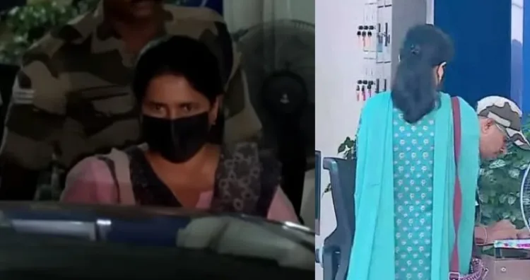 ഇഡി ഓഫീസിലേക്ക് രാവിലെ ചോദ്യം ചെയ്യലിനായി പോകുന്ന നീല ചുരിദാര്‍ ധരിച്ച വീണ വിജയന്‍ (വലത്ത്) വീണ വിജയന്‍ ചോദ്യം ചെയ്യലിന് ശേഷം രാത്രി മടങ്ങുന്നു (ഇടത്ത്)