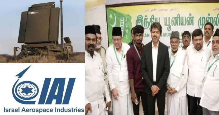 ഇസ്രയേല് നിര്മ്മിക്കാന് പോകുന്ന റഡാര് (ഇടത്ത് മുകളില്) തമിഴ്നാട്ടില് റഡാര് നിര്മ്മിക്കുന്ന ഇസ്രയേല് എയ്റോസ്പേസ് ഇന്ഡസ്ട്രീസിന്റെ ലോഗോ (ഇടത്ത് താഴെ) ജോസഫ് വിജയും മുസ്ലിംലീഗ് മന്ത്രിയും ലീഗ് നേതാക്കളും (വലത്ത്)