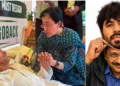 കോക്രോച്ച് ജനതാ പാര്‍ട്ടി നേതാവ് അഭിജിത് ദീപ്കെയുടെ മുഖംമൂടിക്കുള്ളില്‍ മറഞ്ഞിരിക്കുന്ന കെജ്രിവാള്‍ (വലത്ത്) ആം ആദ്മി നേതാവ് അതിഷി സിജെപി വേദിയില്‍ നിരാഹാരമിരിക്കുന്ന സോനം വാങ്ചുകിനെ കാണുന്നു (ഇടത്ത്)