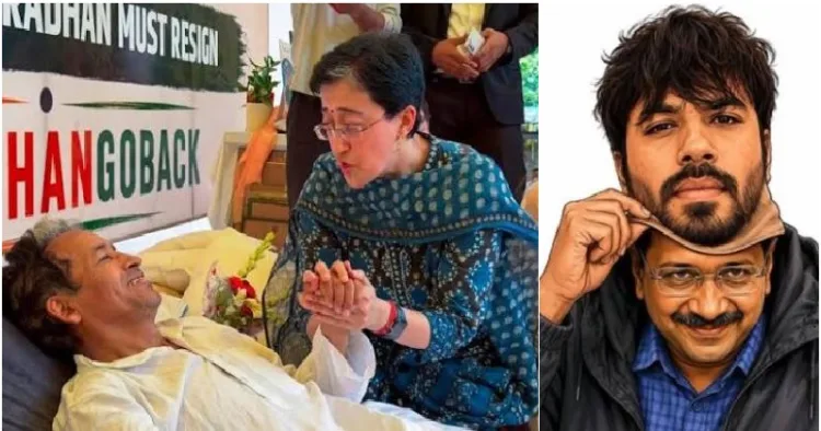 കോക്രോച്ച് ജനതാ പാര്‍ട്ടി നേതാവ് അഭിജിത് ദീപ്കെയുടെ മുഖംമൂടിക്കുള്ളില്‍ മറഞ്ഞിരിക്കുന്ന കെജ്രിവാള്‍ (വലത്ത്) ആം ആദ്മി നേതാവ് അതിഷി സിജെപി വേദിയില്‍ നിരാഹാരമിരിക്കുന്ന സോനം വാങ്ചുകിനെ കാണുന്നു (ഇടത്ത്)