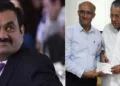 അദാനി വിഴിഞ്ഞം തുറമുഖം സിഇഒ രാജേഷ് ത്ഡാ 2018ലെ പ്രളയദുരിതാശ്വാസത്തിനായി മുഖ്യമന്ത്രിയുടെ ദുരിതാശ്വാസഫണ്ടിലേക്ക് 50 കോടി നല്കുന്നു (വലത്ത്)