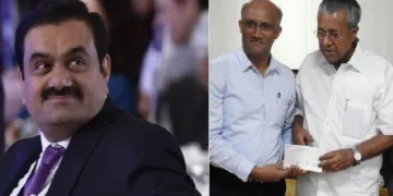 അദാനി വിഴിഞ്ഞം തുറമുഖം സിഇഒ രാജേഷ് ത്ഡാ 2018ലെ പ്രളയദുരിതാശ്വാസത്തിനായി മുഖ്യമന്ത്രിയുടെ ദുരിതാശ്വാസഫണ്ടിലേക്ക് 50 കോടി നല്കുന്നു (വലത്ത്)