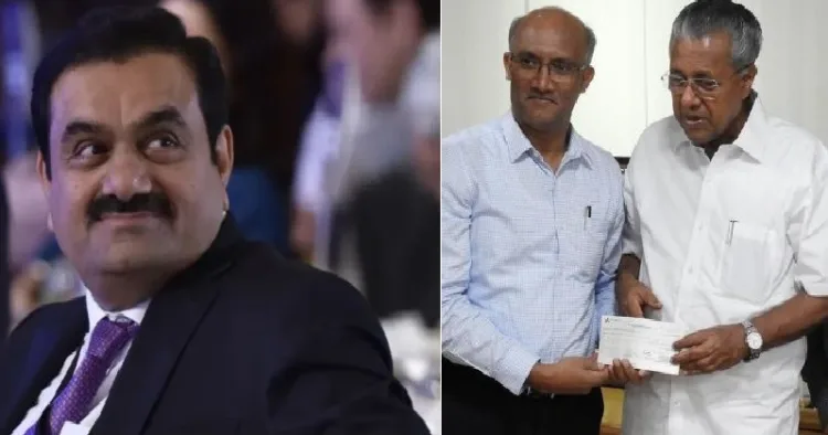 അദാനി വിഴിഞ്ഞം തുറമുഖം സിഇഒ രാജേഷ് ത്ഡാ 2018ലെ പ്രളയദുരിതാശ്വാസത്തിനായി മുഖ്യമന്ത്രിയുടെ ദുരിതാശ്വാസഫണ്ടിലേക്ക് 50 കോടി നല്കുന്നു (വലത്ത്)