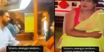 ബജ്രംഗ് ദള് പ്രവര്ത്തകര് ലോഡ്ജ് ഉടമയോട് മാപ്പ് പറയാന് പറയുന്നു (ഇടത്ത്) ലോഡ്ജ് പ്രചരണത്തിന് ഉപയോഗിച്ച വനിതാ ബ്ലോഗര് (വലത്ത്)