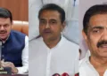 മഹാരാഷ്ട്ര മുഖ്യമന്ത്രി ഫഡ്നാവിസ് (ഇടത്ത്) എന്സിപി അജിത് പവാര് പക്ഷം നേതാവ് പ്രഫുല് പട്ടേല് (നടുവില്) ജയന്ത് പാട്ടീല് (വലത്ത്)