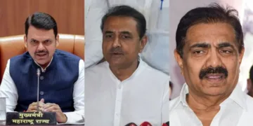 മഹാരാഷ്ട്ര മുഖ്യമന്ത്രി ഫഡ്നാവിസ് (ഇടത്ത്) എന്സിപി അജിത് പവാര് പക്ഷം നേതാവ് പ്രഫുല് പട്ടേല് (നടുവില്) ജയന്ത് പാട്ടീല് (വലത്ത്)