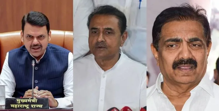 മഹാരാഷ്ട്ര മുഖ്യമന്ത്രി ഫഡ്നാവിസ് (ഇടത്ത്) എന്സിപി അജിത് പവാര് പക്ഷം നേതാവ് പ്രഫുല് പട്ടേല് (നടുവില്) ജയന്ത് പാട്ടീല് (വലത്ത്)