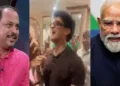 ഫക്രുദ്ദീന്‍ അലി (ഇടത്ത്) ധര്‍മ്മേന്ദ്രപ്രധാന്‍ രാജിവെച്ച ശേഷം സിജെപി വക്താവായ സൗരവ് ദാസും 35 നേതാക്കളും ഫൈവ് സ്റ്റാര്‍ ഹോട്ടലില്‍ നടത്തിയ ആഘോഷം.സിജെപിയുടെ തനിനിറം പുറത്തുകൊണ്ടുവരുന്നതായിരുന്നു ഈ ആഘോഷം. (നടുവില്‍) മോദി (വലത്ത്)
