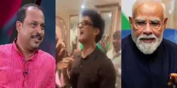 ഫക്രുദ്ദീന്‍ അലി (ഇടത്ത്) ധര്‍മ്മേന്ദ്രപ്രധാന്‍ രാജിവെച്ച ശേഷം സിജെപി വക്താവായ സൗരവ് ദാസും 35 നേതാക്കളും ഫൈവ് സ്റ്റാര്‍ ഹോട്ടലില്‍ നടത്തിയ ആഘോഷം.സിജെപിയുടെ തനിനിറം പുറത്തുകൊണ്ടുവരുന്നതായിരുന്നു ഈ ആഘോഷം. (നടുവില്‍) മോദി (വലത്ത്)