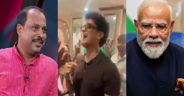 ഫക്രുദ്ദീന്‍ അലി (ഇടത്ത്) ധര്‍മ്മേന്ദ്രപ്രധാന്‍ രാജിവെച്ച ശേഷം സിജെപി വക്താവായ സൗരവ് ദാസും 35 നേതാക്കളും ഫൈവ് സ്റ്റാര്‍ ഹോട്ടലില്‍ നടത്തിയ ആഘോഷം.സിജെപിയുടെ തനിനിറം പുറത്തുകൊണ്ടുവരുന്നതായിരുന്നു ഈ ആഘോഷം. (നടുവില്‍) മോദി (വലത്ത്)
