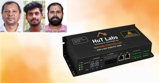 1. ഡോ. രാജേഷ് കണ്ണന്‍, ജെസില്‍ മരിയോ. പി.എസ്., ഡോ. ശക്തിപ്രസാദ്, 2. ഹട്ട് ലാബ്‌സിലെ ഗവേഷകര്‍ വികസിപ്പിച്ചെടുത്ത 'നിയന്ത്ര' എന്ന് പേരിട്ടിരിക്കുന്ന മോഷന്‍ കണ്‍ട്രോളര്‍