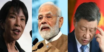 ജപ്പാന് പ്രധാനമന്ത്രി തകായ്ചി, മോദി, ചൈനീസ് പ്രസിഡന്റ് ഷീ ജിന്പിങ്ങ് (ഇടത്ത് നിന്നും വലത്തോട്ട്)