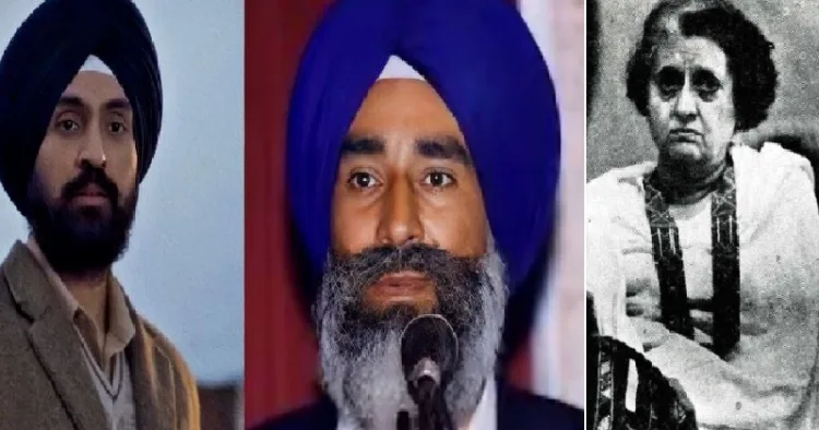 ജസ്വന്ത് സിങ്ങ് കര്‍ലയായി സത് ലജ് എന്ന സിനിമയില്‍ അഭിനയിക്കുന്ന ദില്‍ജിത് ദോസാഞ്ച് (ഇടത്ത്) കോണ്‍ഗ്രസ് സര്‍ക്കാര്‍ പൊലീസിനെ വിട്ട് കസ്റ്റഡിയിലിട്ട് കൊന്ന ജസ്വന്ത് സിങ്ങ് കര്‍ല എന്ന മനുഷ്യാവകാശ പ്രവര്‍ത്തകന്‍ (നടുവില്‍) ഇന്ദിരാഗാന്ധി (വലത്ത്)