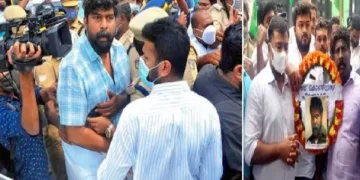 നടന് ജോജു ജോര്ജ്ജ് കോണ്ഗ്രസ് പ്രവര്ത്തകരെ ആക്രമിക്കാന് ഒരുങ്ങുന്നു (ഇടത്ത്) ജോജുവിന്റെ റീത്ത് വെയ്ക്കുന്ന കോണ്ഗ്രസ് പ്രവര്ത്തകര് (വലത്ത്)