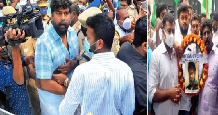നടന് ജോജു ജോര്ജ്ജ് കോണ്ഗ്രസ് പ്രവര്ത്തകരെ ആക്രമിക്കാന് ഒരുങ്ങുന്നു (ഇടത്ത്) ജോജുവിന്റെ റീത്ത് വെയ്ക്കുന്ന കോണ്ഗ്രസ് പ്രവര്ത്തകര് (വലത്ത്)