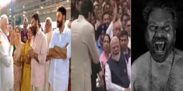 മോദി ഗുരുവായൂരില് എത്തിയപ്പോള് മമ്മൂട്ടിയെ കാണുന്നതായി മോദി വിരുദ്ധര് പ്രചരിപ്പിച്ച ചിത്രം. ഇതില് കൈകെട്ടി നില്ക്കുന്ന മമ്മൂട്ടിയെ കാണാം (ഇടത്ത്) പത്മഭൂഷണ് വാങ്ങുന്നതിന് മുന്നോടിയായി മോദിയ്ക്ക് മുന്നില് കൈകൂപ്പുന്ന മമ്മൂട്ടി (നടുവില്) മികച്ച നടനുള്ള ദേശീയ പുരസ്കാരം വാങ്ങിക്കൊടുത്ത ഭ്രമരത്തിലെ മമ്മൂട്ടിയുടെ കഥാപാത്രം (വലത്ത്)