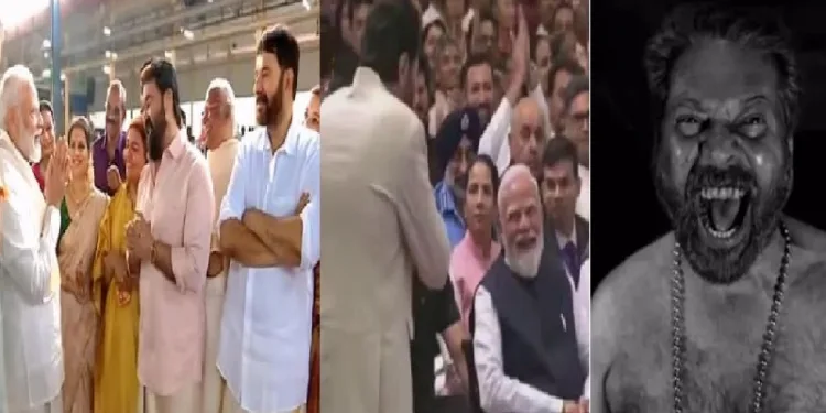 മോദി ഗുരുവായൂരില്‍ എത്തിയപ്പോള്‍ മമ്മൂട്ടിയെ കാണുന്നതായി മോദി വിരുദ്ധര്‍ പ്രചരിപ്പിച്ച ചിത്രം. ഇതില്‍ കൈകെട്ടി നില്‍ക്കുന്ന മമ്മൂട്ടിയെ കാണാം (ഇടത്ത്) പത്മഭൂഷണ്‍ വാങ്ങുന്നതിന് മുന്നോടിയായി മോദിയ്ക്ക് മുന്നില‍് കൈകൂപ്പുന്ന മമ്മൂട്ടി (നടുവില്‍) മികച്ച നടനുള്ള ദേശീയ പുരസ്കാരം വാങ്ങിക്കൊടുത്ത ഭ്രമരത്തിലെ മമ്മൂട്ടിയുടെ കഥാപാത്രം (വലത്ത്)