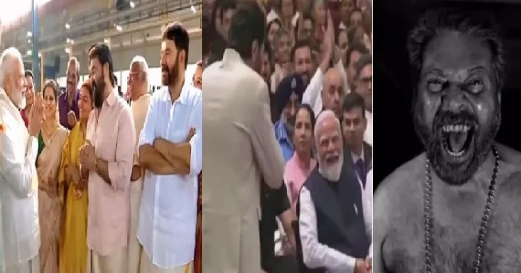 മോദി ഗുരുവായൂരില് എത്തിയപ്പോള് മമ്മൂട്ടിയെ കാണുന്നതായി മോദി വിരുദ്ധര് പ്രചരിപ്പിച്ച ചിത്രം. ഇതില് കൈകെട്ടി നില്ക്കുന്ന മമ്മൂട്ടിയെ കാണാം (ഇടത്ത്) പത്മഭൂഷണ് വാങ്ങുന്നതിന് മുന്നോടിയായി മോദിയ്ക്ക് മുന്നില് കൈകൂപ്പുന്ന മമ്മൂട്ടി (നടുവില്) മികച്ച നടനുള്ള ദേശീയ പുരസ്കാരം വാങ്ങിക്കൊടുത്ത ഭ്രമരത്തിലെ മമ്മൂട്ടിയുടെ കഥാപാത്രം (വലത്ത്)