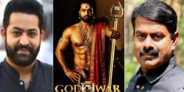 ജൂനിയര് എന്ടിആര് (ഇടത്ത്) മുരുകനെക്കുറിച്ചുള്ള സിനിമയുടെ പോസ്റ്റര് (നടുവില്) നാം തമിളര് കച്ചി നേതാവ് സീമാന് (വലത്ത്)