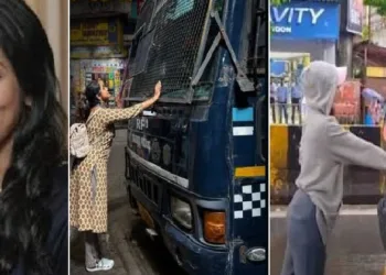 മുംബൈയിൽ നീറ്റ് പരീക്ഷാ ക്രമക്കേടുകൾക്കെതിരായ പ്രതിഷേധത്തിനിടയിൽ പൊലീസ് വാഹനം തടഞ്ഞ റിയ ആഹിർ (വലത്ത്) റിയ ആഹിറിന്‍റെ ഈ വൈറല്‍ ചിത്രം അതേ പടി പുനരാവിഷ്കരിച്ചുകൊണ്ട് നവ്യനായരുടെ ചിത്രം (നടുവില്‍)