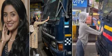മുംബൈയിൽ നീറ്റ് പരീക്ഷാ ക്രമക്കേടുകൾക്കെതിരായ പ്രതിഷേധത്തിനിടയിൽ പൊലീസ് വാഹനം തടഞ്ഞ റിയ ആഹിർ (വലത്ത്) റിയ ആഹിറിന്‍റെ ഈ വൈറല്‍ ചിത്രം അതേ പടി പുനരാവിഷ്കരിച്ചുകൊണ്ട് നവ്യനായരുടെ ചിത്രം (നടുവില്‍)