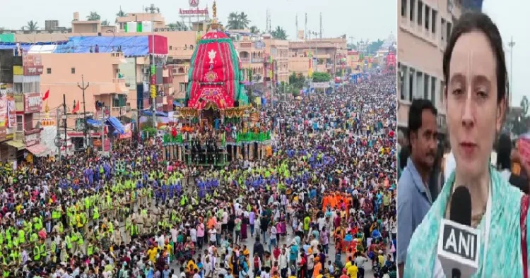 പുരിയിലെ ജഗന്നാഥ ക്ഷേത്രത്തിലെ രഥഘോഷയാത്ര (ഇടത്ത്) ഘോഷയാത്രയില്‍ പങ്കെടുത്ത ഭാരതീയ നാമം സ്വീകരിച്ച ഇന്ദിരാ ദേവി ദാസി എന്ന ഇംഗ്ലണ്ടുകാരി (വലത്ത്)