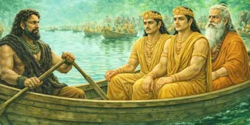 ഗുഹന്‍ ഭരതനേയും കൂട്ടരെയും ഗംഗാനദി കടത്തുന്നു