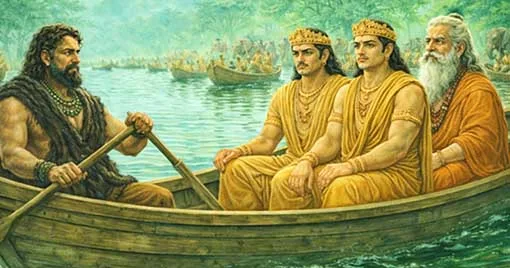 ഗുഹന് ഭരതനേയും കൂട്ടരെയും ഗംഗാനദി കടത്തുന്നു