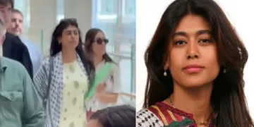 കഫിയ ധരിച്ച് ഫ്രഞ്ച് കോടതിയില് വിചാരണയ്ക്കായി പോകുന്ന റിമ ഹസ്സന് (ഇടത്ത്) റിമ ഹസ്സന് (വലത്ത്)