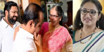 മുഖ്യമന്ത്രിയായി തെരഞ്ഞെടുക്കപ്പെട്ട ശേഷം തന്‍റെ രാഷ്ട്രീയ ഗുരുവായിരുന്ന അന്തരിച്ച കോണ്‍ഗ്രസ് നേതാവ് ജി. കാര്‍ത്തികേയന്‍റെ ഭാര്യ സുരേഖയ്ക്ക് മുന്നില്‍ കണ്ണീര്‍ പൊഴിയ്ക്കുന്ന വി.ഡി. സതീശന്‍ (ഇടത്ത്)