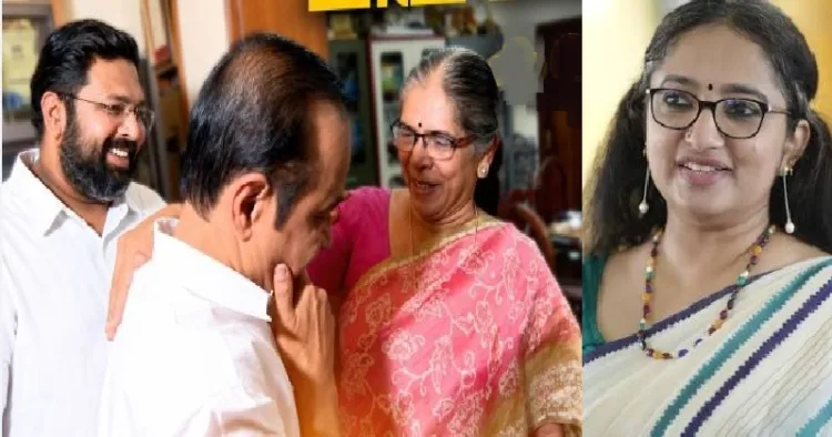 മുഖ്യമന്ത്രിയായി തെരഞ്ഞെടുക്കപ്പെട്ട ശേഷം തന്‍റെ രാഷ്ട്രീയ ഗുരുവായിരുന്ന അന്തരിച്ച കോണ്‍ഗ്രസ് നേതാവ് ജി. കാര്‍ത്തികേയന്‍റെ ഭാര്യ സുരേഖയ്ക്ക് മുന്നില്‍ കണ്ണീര്‍ പൊഴിയ്ക്കുന്ന വി.ഡി. സതീശന്‍ (ഇടത്ത്)