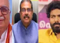 എല്.കെ. അദ്വാനി (ഇടത്ത്) ധര്മ്മേന്ദ്ര പ്രധാന് (നടുവില്) പി. ശ്യാംരാജ് (വലത്ത്)