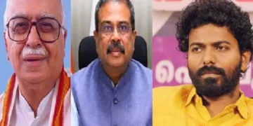 എല്.കെ. അദ്വാനി (ഇടത്ത്) ധര്മ്മേന്ദ്ര പ്രധാന് (നടുവില്) പി. ശ്യാംരാജ് (വലത്ത്)