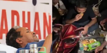 സോനം വാങ്ചുക് നിരാഹാരം അനുഷ്ഠിക്കുന്നു (ഇടത്ത്) ബ്രഡ് പക്കോഡയും നൂഡില്സും തട്ടിവിടുന്ന കോക്രോച്ച് ജനതാപാര്ട്ടി നേതാവ് അഭിജിത് ദീപ്കെ(വലത്ത്)