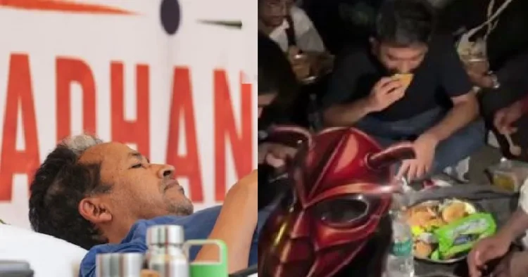 സോനം വാങ്ചുക് നിരാഹാരം അനുഷ്ഠിക്കുന്നു (ഇടത്ത്) ബ്രഡ് പക്കോഡയും നൂഡില്സും തട്ടിവിടുന്ന കോക്രോച്ച് ജനതാപാര്ട്ടി നേതാവ് അഭിജിത് ദീപ്കെ(വലത്ത്)