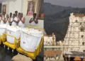 തിരുപ്പതി ക്ഷേത്രത്തില് ഭക്തര് നല്കിയ സംഭാവനയാല് നിറഞ്ഞ ഹുണ്ടികള് സീല് ചെയ്ത നിലയില് (ഇടത്ത്) തിരുപ്പതി ബാലാജി ക്ഷേത്രം (വലത്ത്)
