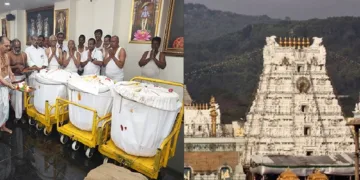 തിരുപ്പതി ക്ഷേത്രത്തില് ഭക്തര് നല്കിയ സംഭാവനയാല് നിറഞ്ഞ ഹുണ്ടികള് സീല് ചെയ്ത നിലയില് (ഇടത്ത്) തിരുപ്പതി ബാലാജി ക്ഷേത്രം (വലത്ത്)