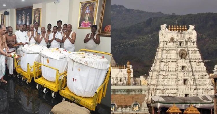 തിരുപ്പതി ക്ഷേത്രത്തില് ഭക്തര് നല്കിയ സംഭാവനയാല് നിറഞ്ഞ ഹുണ്ടികള് സീല് ചെയ്ത നിലയില് (ഇടത്ത്) തിരുപ്പതി ബാലാജി ക്ഷേത്രം (വലത്ത്)