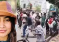 സിജെപി അനുകൂലികളായ വിദ്യാര്ത്ഥികള് രണ്ട് പൊലീസുകാരെ ആക്രമിക്കുന്ന ചിത്രങ്ങള് (നടുവില്, വലത്ത്) വിസ്മയ മോഹന്ലാല് (ഇടത്ത്)