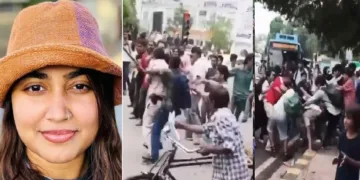 സിജെപി അനുകൂലികളായ വിദ്യാര്‍ത്ഥികള്‍ രണ്ട് പൊലീസുകാരെ ആക്രമിക്കുന്ന ചിത്രങ്ങള്‍ (നടുവില്‍, വലത്ത്) വിസ്മയ മോഹന്‍ലാല്‍ (ഇടത്ത്)
