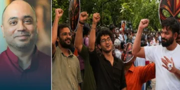 രാഷ്ട്രീയ നിരീക്ഷകനായ അഭിജിത് അയ്യര്‍ മിത്ര (ഇടത്ത്) പാറ്റ പാര്‍ട്ടി നേതാക്കളായ അശുതോഷ് റാങ്ക, സൗരവ് ദാസ്, അഭിജിത് ദീപ്കെ എന്നിവര്‍ (വലത്ത്)