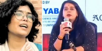 എഐഎസ്എ (ഐസ) എന്ന ഇടത് പക്ഷ വിദ്യാര്‍ത്ഥി സംഘടനയുടെ നേതാവ് അഞ്ജലി (ഇടത്ത്) അവരെ ഒരു ചര്‍ച്ചയില്‍ പൊളിച്ചടക്കുന്ന എബിവിയുടെ ശാലിനി വര്‍മ്മ (വലത്ത്)