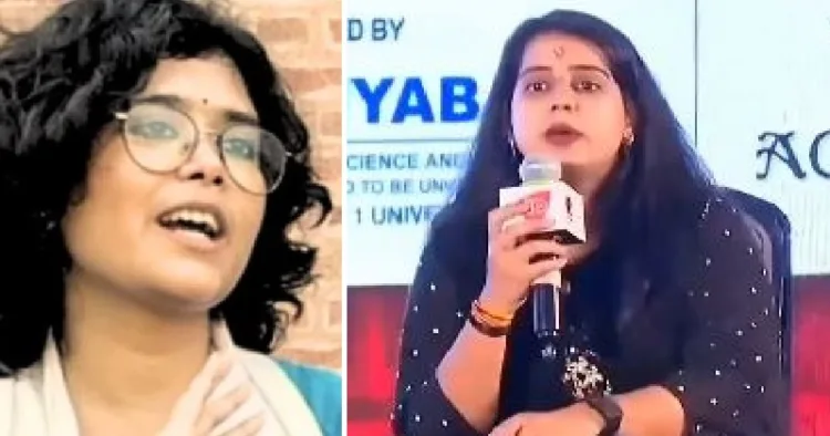 എഐഎസ്എ (ഐസ) എന്ന ഇടത് പക്ഷ വിദ്യാര്ത്ഥി സംഘടനയുടെ നേതാവ് അഞ്ജലി (ഇടത്ത്) അവരെ ഒരു ചര്ച്ചയില് പൊളിച്ചടക്കുന്ന എബിവിയുടെ ശാലിനി വര്മ്മ (വലത്ത്)