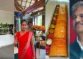 (യഥാക്രമം ഇടത്ത് നിന്ന് വലത്തോട്ട്) ചട് ണി മാമി ലോഗോ, മുന്നില്‍ മണിയടിച്ച് ചട് ണി മാമി ബാഹുബലി ദോശയുമായി വരുന്ന വെയ്റ്ററെ ആനയിക്കുന്നു, ഒന്നരമീറ്റര്‍ നീളമുള്ള ബാഹുബലി ദോശ, മഹീന്ദ്ര ആന്‍റ് മഹീന്ദ്ര ഉടമ ആനന്ദ് മഹീന്ദ്ര