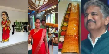 (യഥാക്രമം ഇടത്ത് നിന്ന് വലത്തോട്ട്) ചട് ണി മാമി ലോഗോ, മുന്നില്‍ മണിയടിച്ച് ചട് ണി മാമി ബാഹുബലി ദോശയുമായി വരുന്ന വെയ്റ്ററെ ആനയിക്കുന്നു, ഒന്നരമീറ്റര്‍ നീളമുള്ള ബാഹുബലി ദോശ, മഹീന്ദ്ര ആന്‍റ് മഹീന്ദ്ര ഉടമ ആനന്ദ് മഹീന്ദ്ര