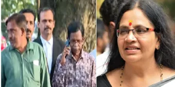 കോടതിയില്‍ നിന്നും ജാമ്യം ലഭിച്ച ശേഷം അഭിഭാഷകനൊപ്പം പുറത്തുവരുന്ന ടിജി മോഹന്‍ദാസ് (ഇടത്ത്)