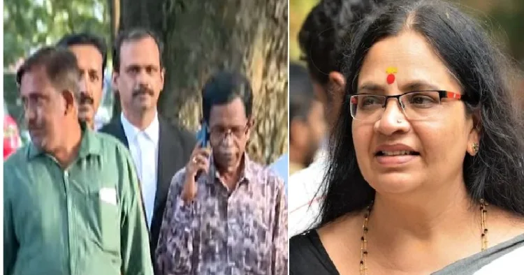 കോടതിയില്‍ നിന്നും ജാമ്യം ലഭിച്ച ശേഷം അഭിഭാഷകനൊപ്പം പുറത്തുവരുന്ന ടിജി മോഹന്‍ദാസ് (ഇടത്ത്)