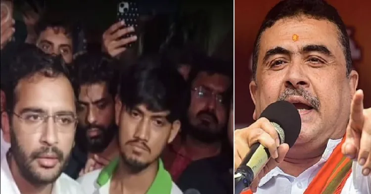 ബംഗാളിലെ കൊല്‍ക്കൊത്തയില്‍ പ്രതിഷേധ പരിപാടി സംഘടിപ്പിക്കാനെത്തിയ അശുതോഷ് രങ്കയും കൂട്ടരും (ഇടത്ത്) ബംഗാള്‍ മുഖ്യമന്ത്രി സുവേന്ദു അധികാരി (വലത്ത്)